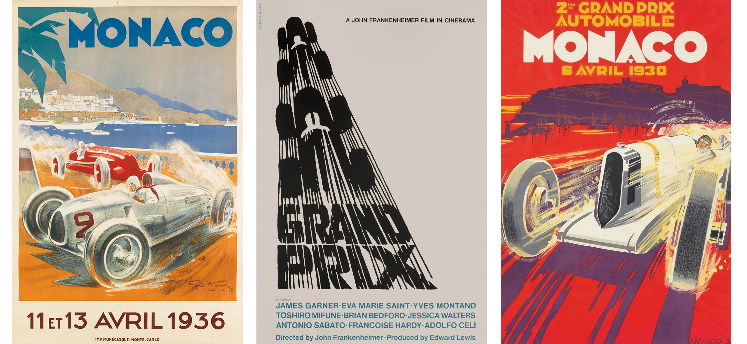 <div class="10-col-caption"><span><strong>RARE FINDS</strong></span><br/><span>From left:  Ham depicts the battle between an Auto Union GL and an Alfa Romeo; Bass chooses abstraction over Art Deco for the movie poster of <em>Grand Prix</em>; Falcucci captures a duel between day and night. </span><br/><span class="caption-sub"><em>Art Deco era posters courtesy of Tomkinson Churcher.</em> </span><br/></div>