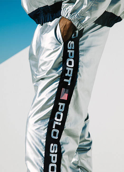 Close-up of metallic joggers with Polo Sport trim
