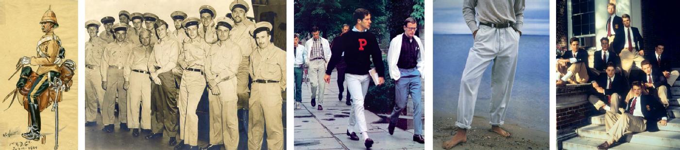                             (Left to right) British troops in India started wearing khaki in the 19th century; US Coast Guardsmen in 1940s; Princeton students captured in Teruyoshi Hayashida&#x2019;s influential 1965  photo book, <em>Take Ivy</em>; an image from the Spring 1991 Polo Ralph Lauren campaign; khaki-clad Brendan Fraser, Ben Affleck, Matt Damon, and others in the 1992 film <em>School Ties</em>