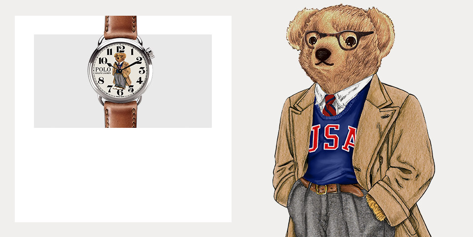 Drawing of the Polo Wear wearing USA sweatshirt and trench coat. Watch with Spectator Bear on the face.