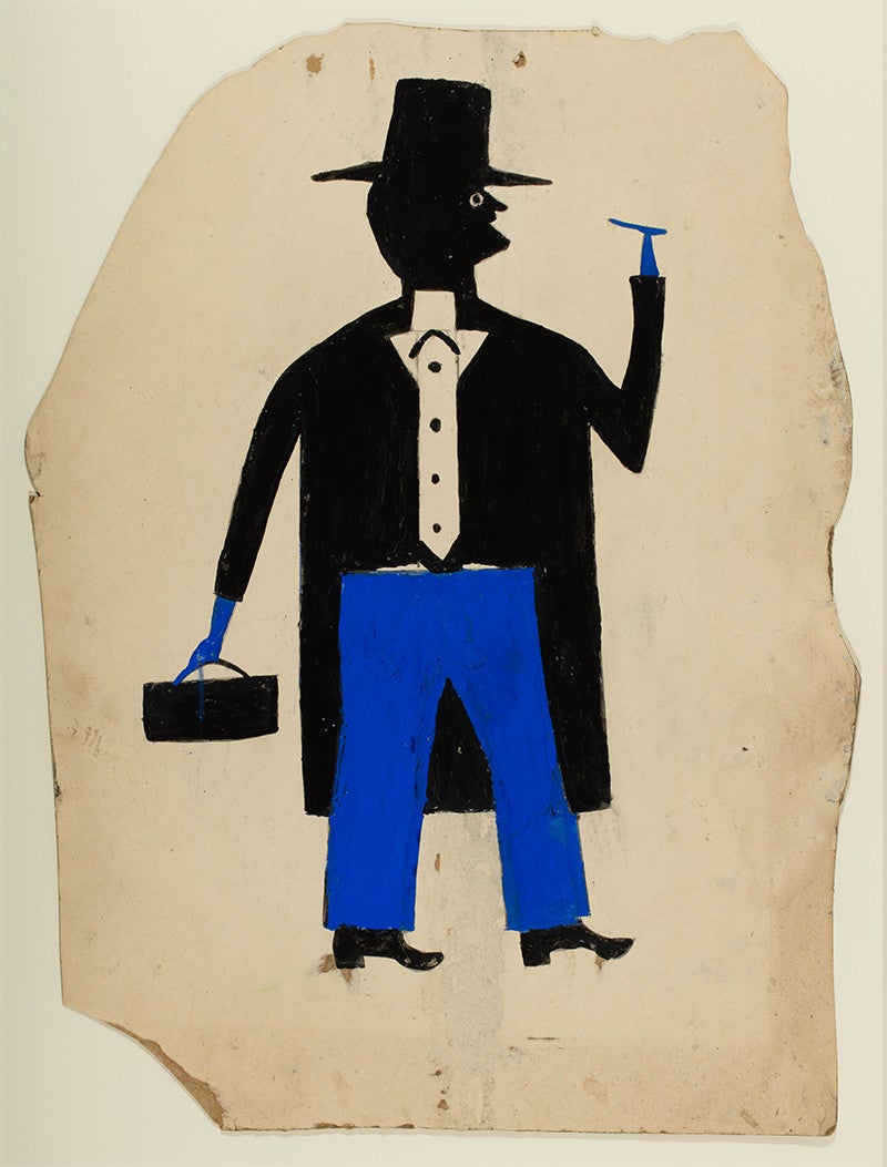 <em>Man in Black and Blue with Cigar and Suitcase</em>, by Bill Traylor, ca. 1939&ndash;1942, pencil and posterpaint on cardboard. Collection of Jerry and Susan Lauren. Photo: Matt Flynn &copy; Smithsonian Institution