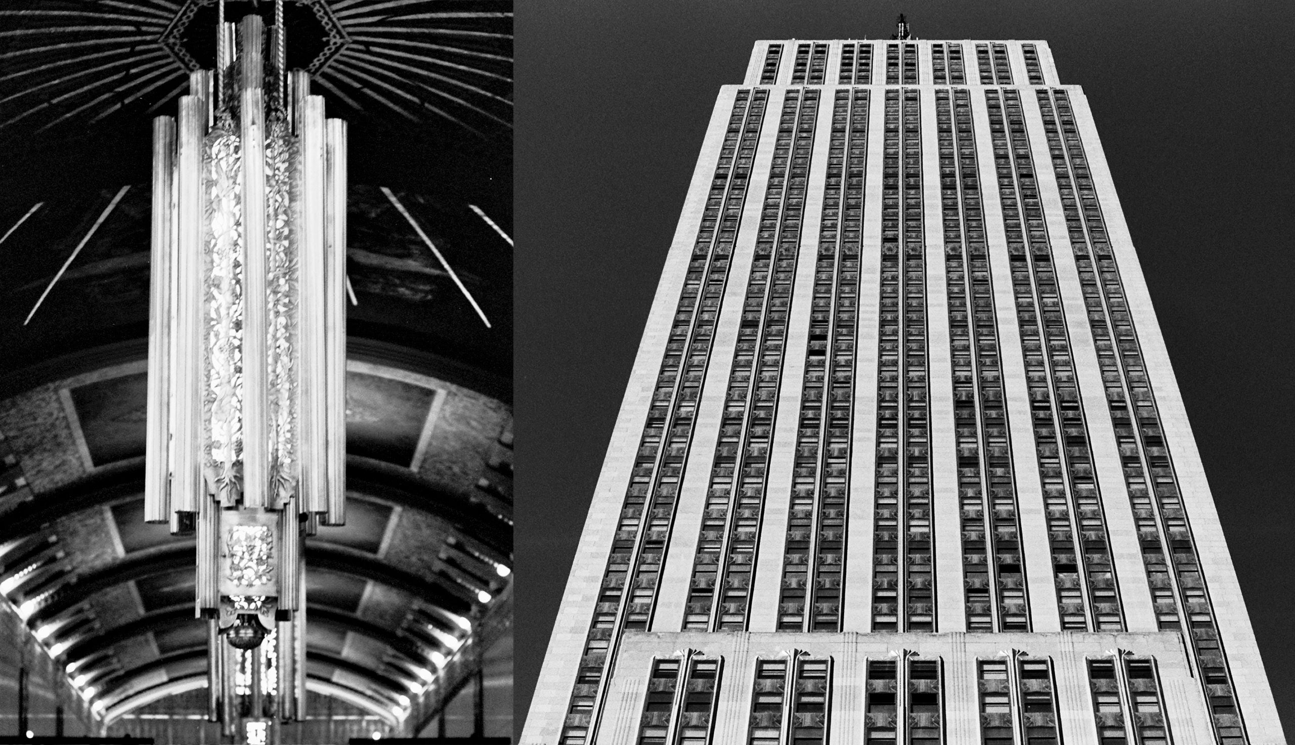 <span lang="FR">À gauche : lustres dans le hall d’entrée du 100 Barclay Street. À droite : l’Empire State Building</span>