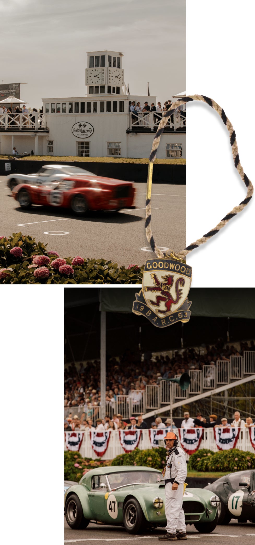 <strong>LE PARADIS DES VOITURES</strong><br/><span>(En haut) : le duc de Richmond et deux de ses fils, Charles (debout) et William. (Ci-dessus) : des sc&egrave;nes du 30e Goodwood Festival of Speed, qui a eu lieu en septembre 2023. Et un badge vintage en &eacute;mail dans un style que le festival revisite chaque ann&eacute;e. Vous le glissez dans la boutonni&egrave;re de votre veste, et c'est bon, vous pouvez entrer</span>