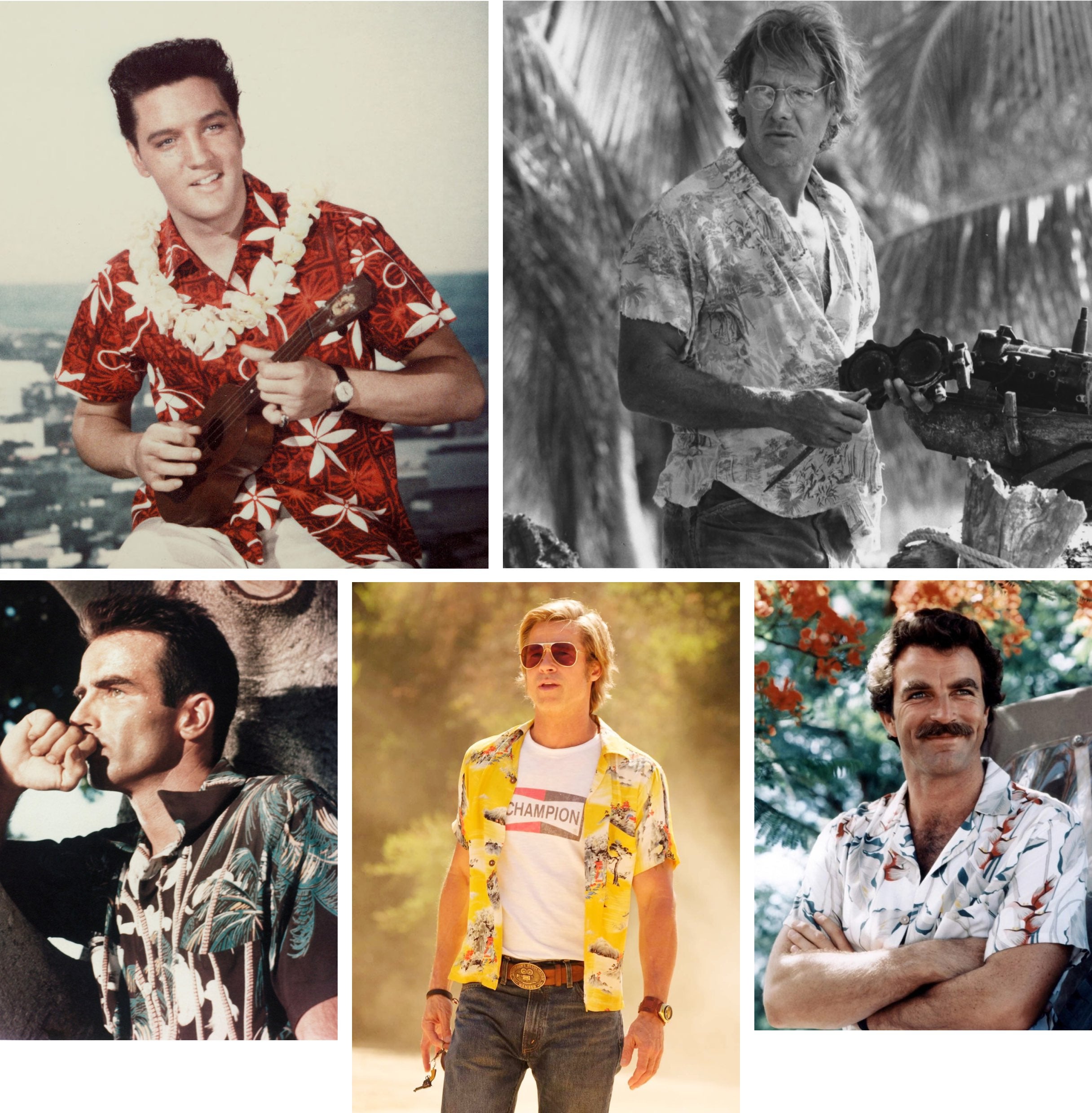       <strong>PR&Ecirc;T &Agrave; L'IMPRESSION</strong><br />      <span        >De haut &agrave; gauche : Elvis se met au ukul&eacute;l&eacute; ; Harrison Ford dans        <em>Mosquito Coast</em>; Tom Selleck dans le r&ocirc;le de Magnum ; Brad Pitt        dans <em>Once Upon a Time in&hellip; Hollywood</em>; et Montgomery Clift dans        <em>Tant qu'il y aura des hommes</em>.      </span>    
