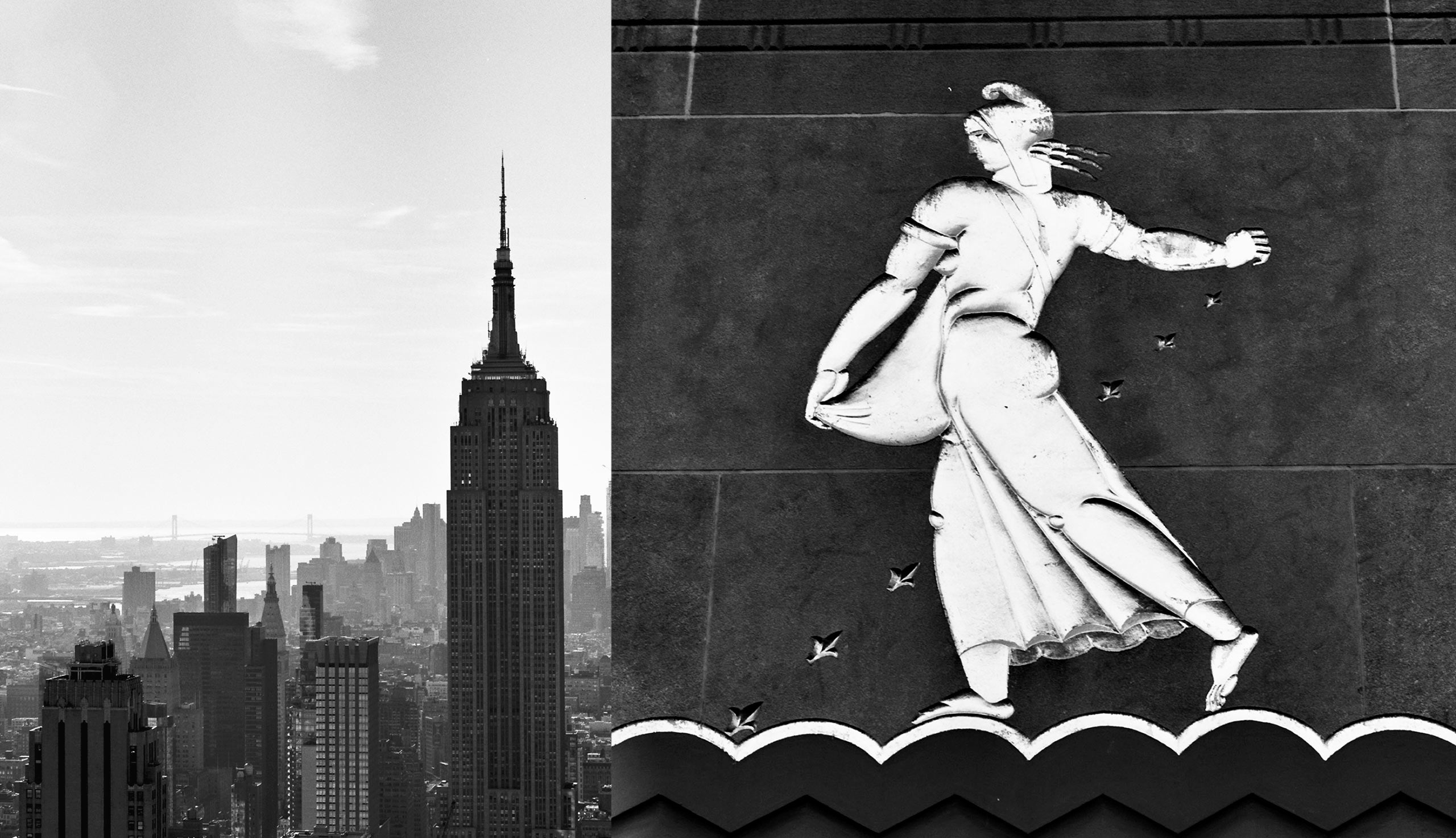 <span lang="FR">À gauche : l’Empire State Building. À droite : un bas-relief Art déco au Rockefeller Center</span>