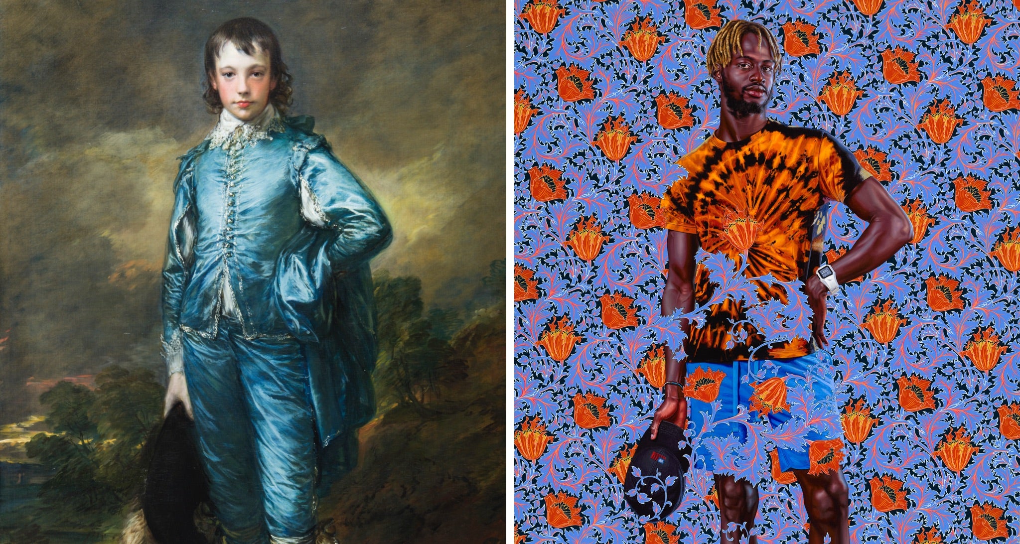 <em>L'Enfant bleu</em> de Thomas Gainsborough, vers 1770 ; <em>Portrait d'un jeune gentleman</em> de Kehinde Wiley, 2021 