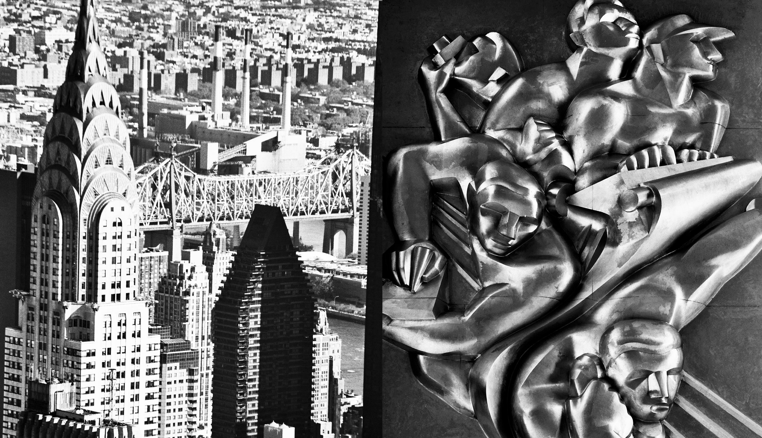 <span lang="FR">À gauche : le Chrysler Building. À droite : bas-reliefs Art déco au Rockefeller Center</span>