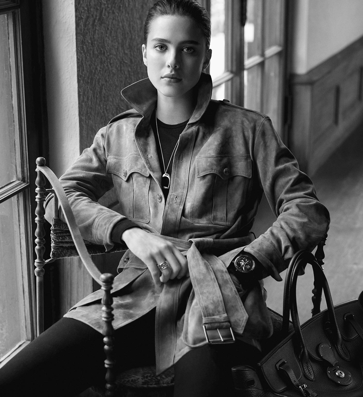 La veste Safari RL, port&eacute;e par Margaret Qualley. Photographi&eacute;e par Steven Meisel