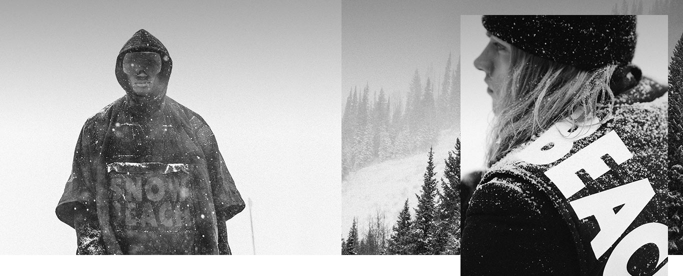 Models in black-and-white Snow Beach outerwear on snowy mountains