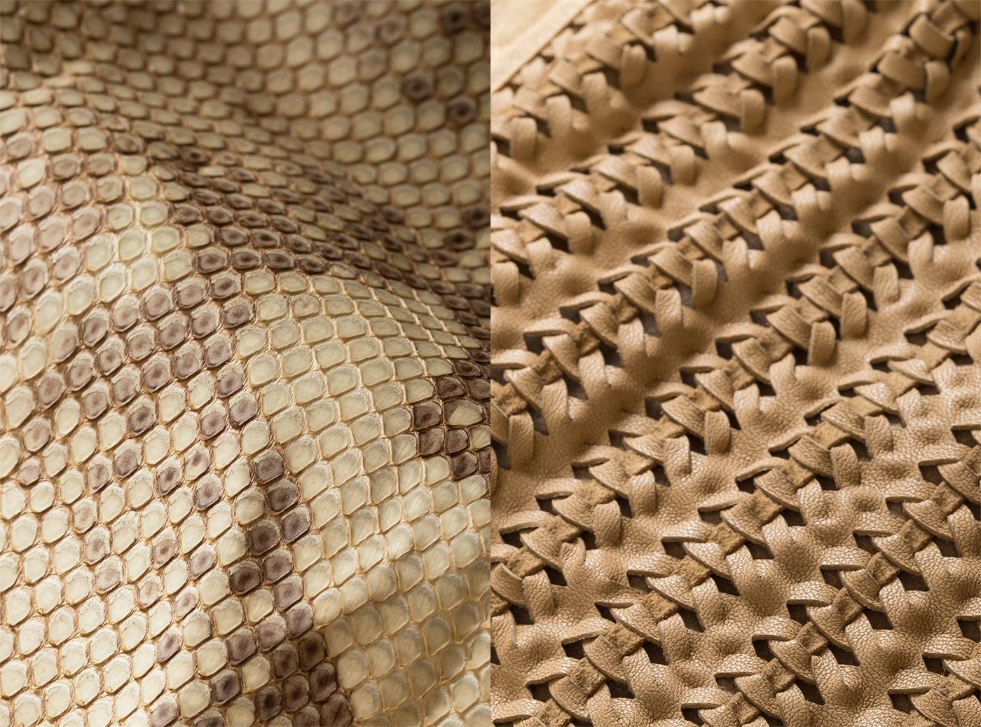  Le jodhpur Ashton et certaines autres pi&egrave;ces sont confectionn&eacute;es en cuir de python trait&eacute; avec un proc&eacute;d&eacute; complexe comprenant teinture, pr&eacute;lavage, cirage et froissage. Inspir&eacute; d&rsquo;un filet de p&ecirc;cheur, le gilet Tracy combine une peau d&rsquo;agneau taillad&eacute;e et des bandelettes de daim pour &eacute;voquer le look d'un tissage l&eacute;ger