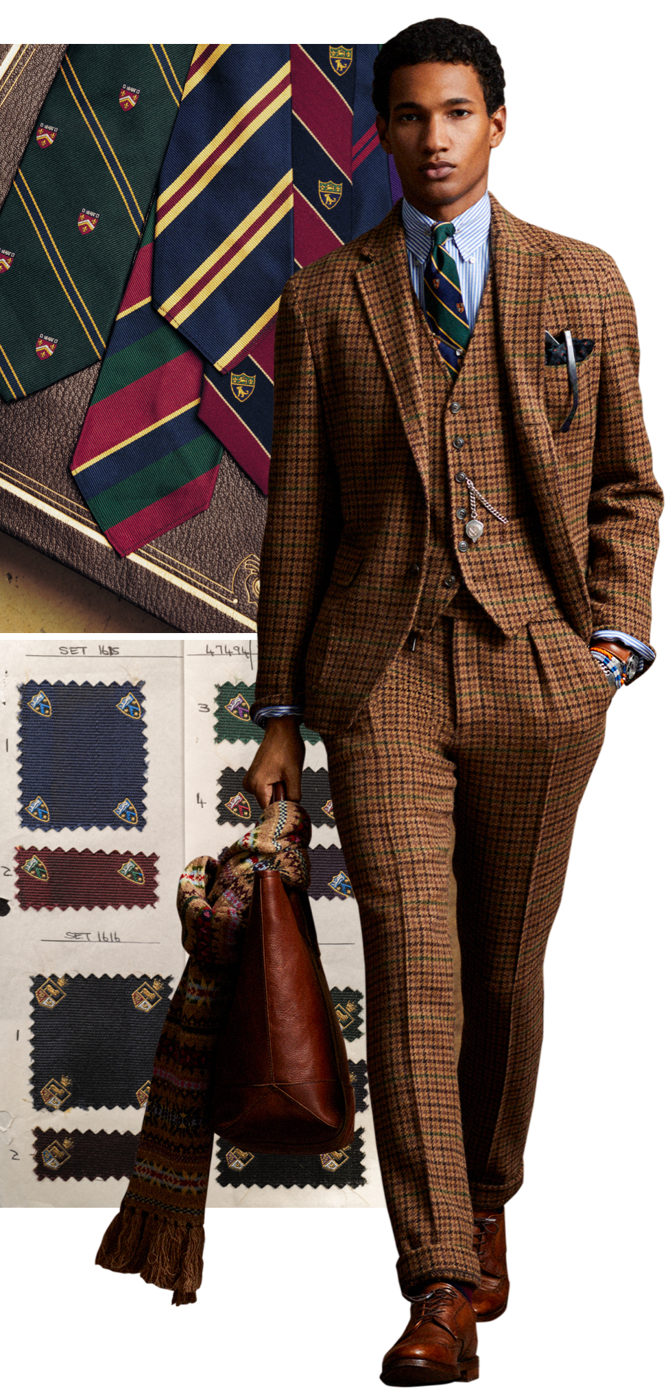 <strong>RIDING THE REPP</strong><br/><span>The author having a cup of Ralph’s Coffee; a selection of striped and heraldic repp ties; a look from this season’s Polo Originals; and a swatch card from a mill in England, where Polo repp ties have been woven for many years</span>