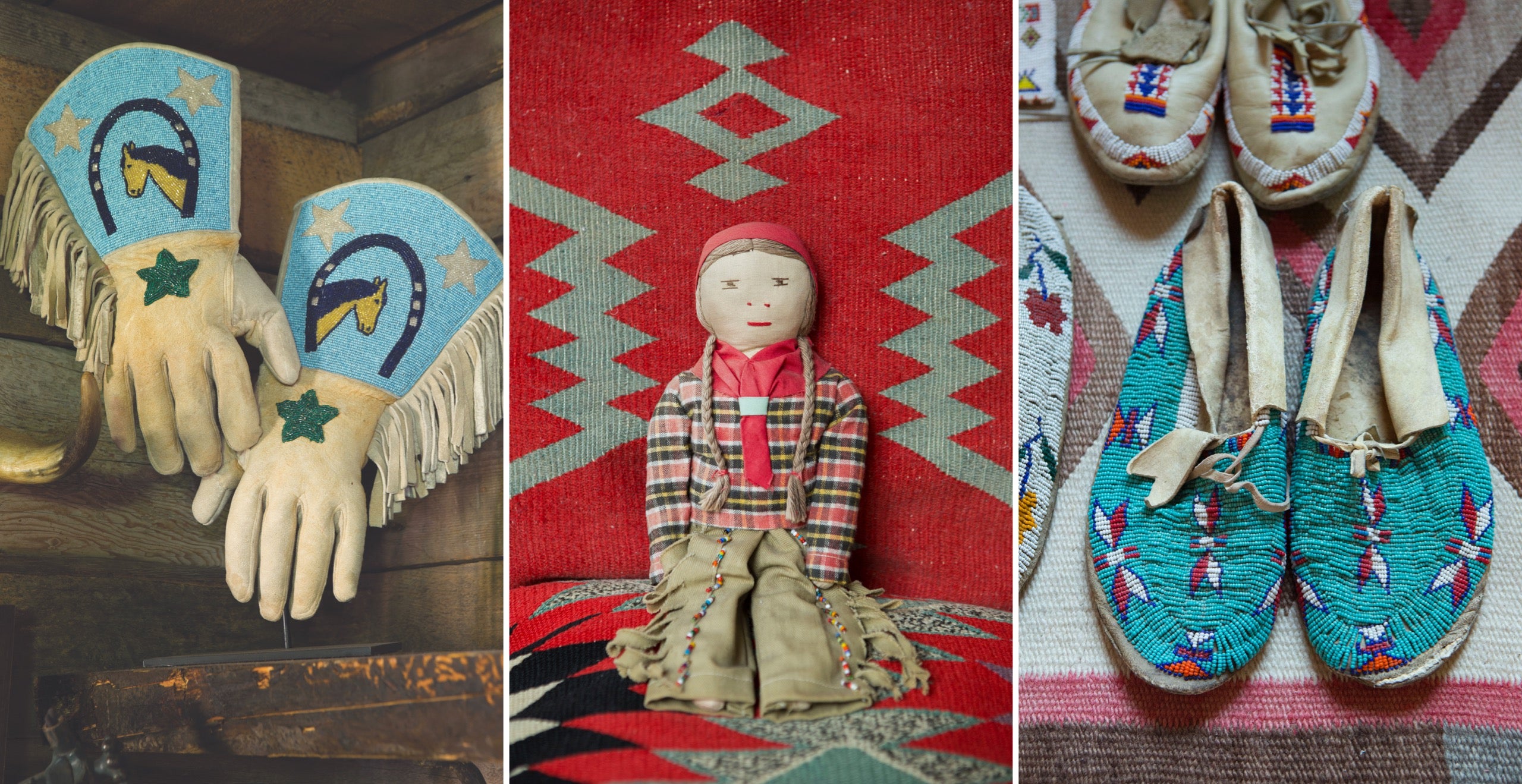Left to right: Buffy lassoed this vintage pair of beaded cowgirl gloves, fit for a rodeo queen, at the Native American Market held each August in Santa Fe; A little rag doll dressed Buffy-style in a plaid shirt and fringed leather pants; A well-worn pair of Buffy&rsquo;s beaded moccasins made after the originals by Native American tribes and found in a shop in Santa Fe 