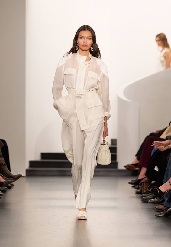 A look from Ralph Lauren’s Fall 2025 runway show shown on model.