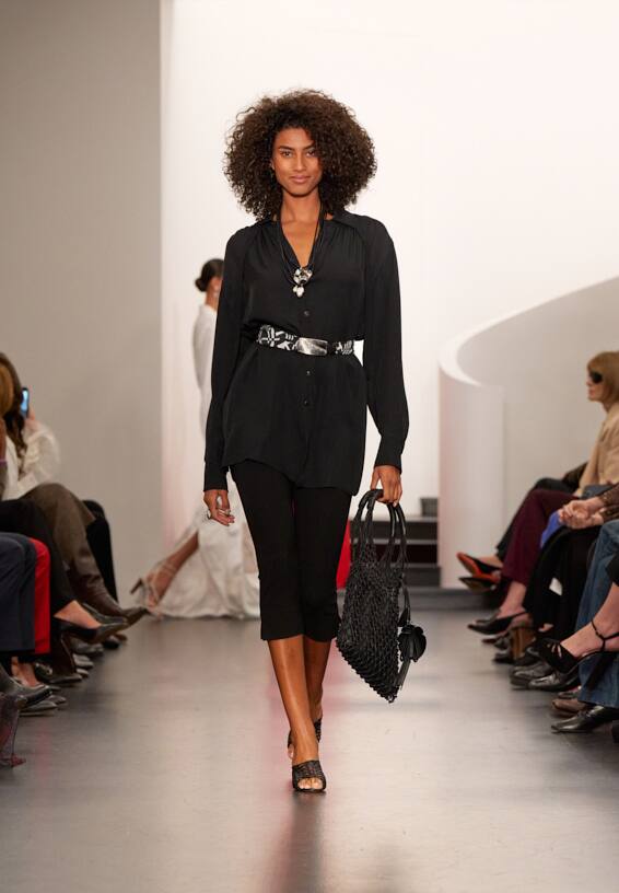A look from Ralph Lauren’s Fall 2025 runway show shown on model.