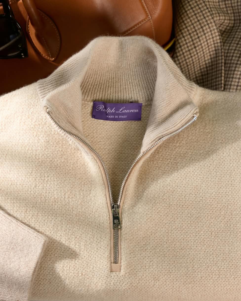 Pull demi-zippé cachemire œil-de-perdrix